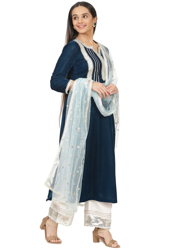 anokherang Combos Turquoise Velvet Daffodil Straight Kurti with Straight Palazzo and Blush Blue Dupatta