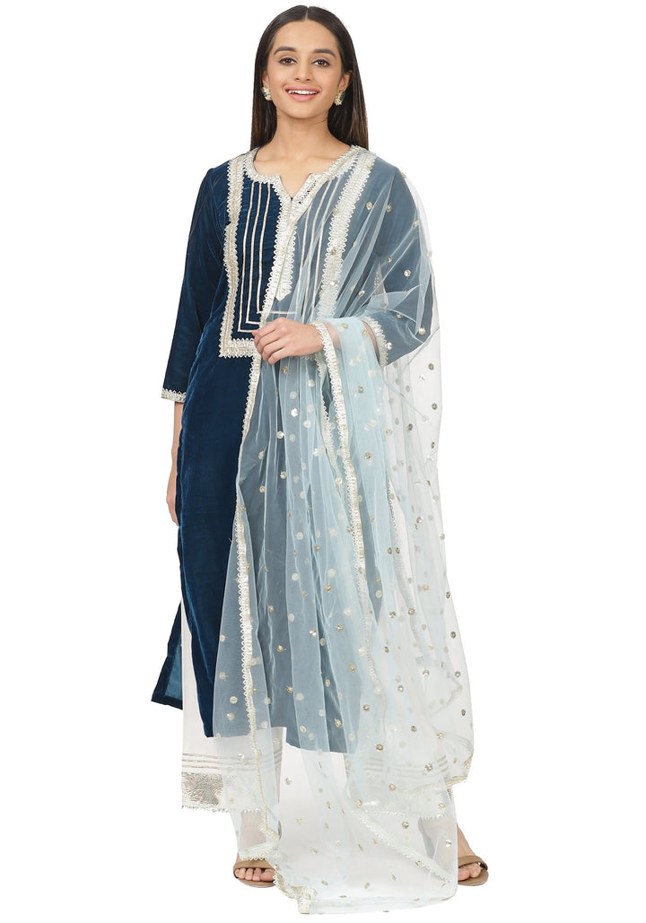 anokherang Combos Turquoise Velvet Daffodil Straight Kurti with Straight Palazzo and Blush Blue Dupatta
