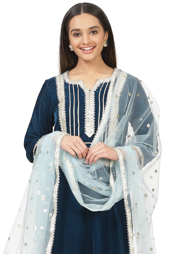 anokherang Combos Turquoise Velvet Daffodil Straight Kurti with Straight Palazzo and Blush Blue Dupatta