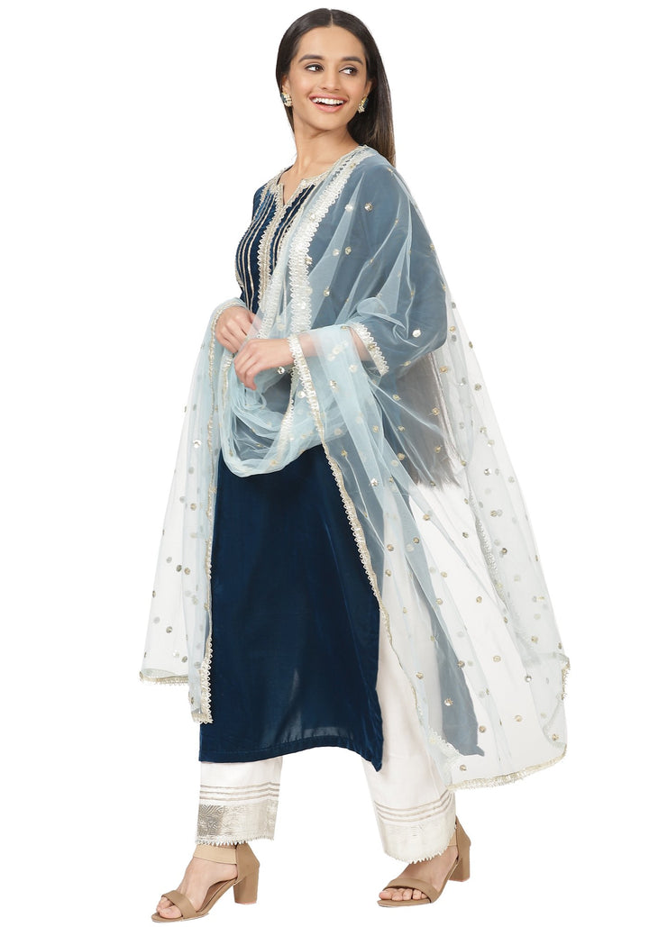 anokherang Combos Turquoise Velvet Daffodil Straight Kurti with Straight Palazzo and Blush Blue Dupatta