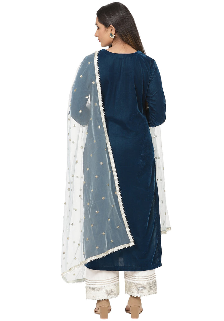 anokherang Combos Turquoise Velvet Daffodil Straight Kurti with Straight Palazzo and Blush Blue Dupatta