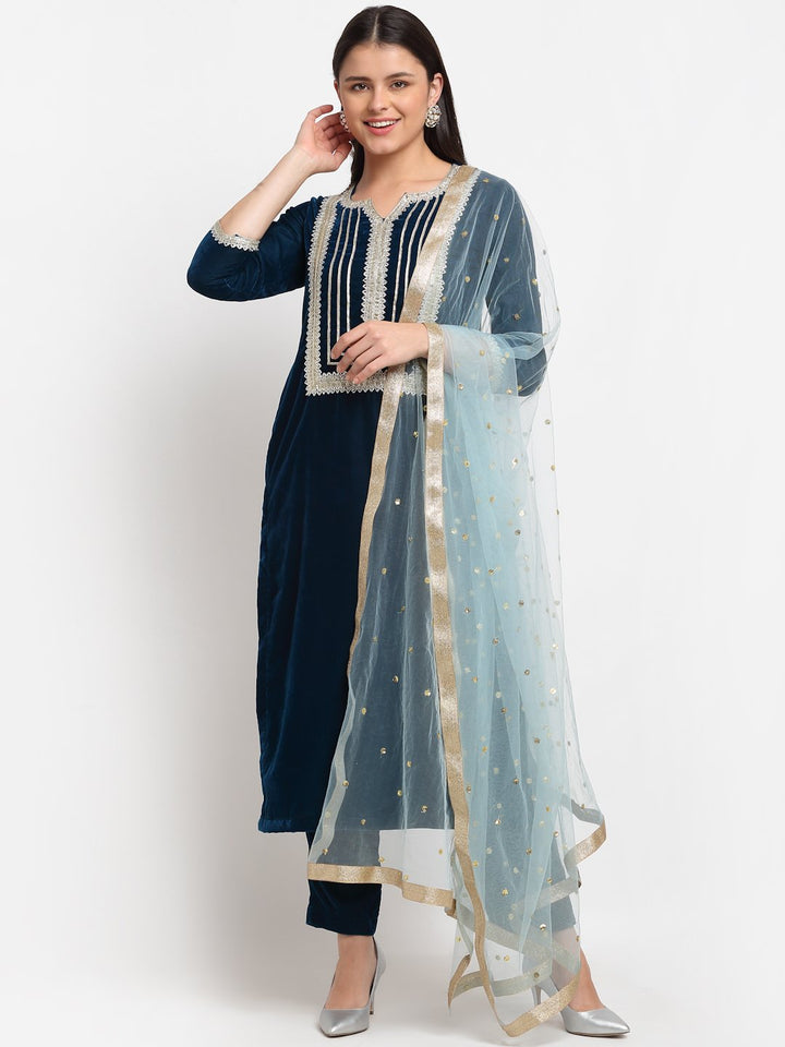 anokherang Combos Turquoise Velvet Daffodil Straight Kurti with Straight Pants and Blush Blue Dupatta