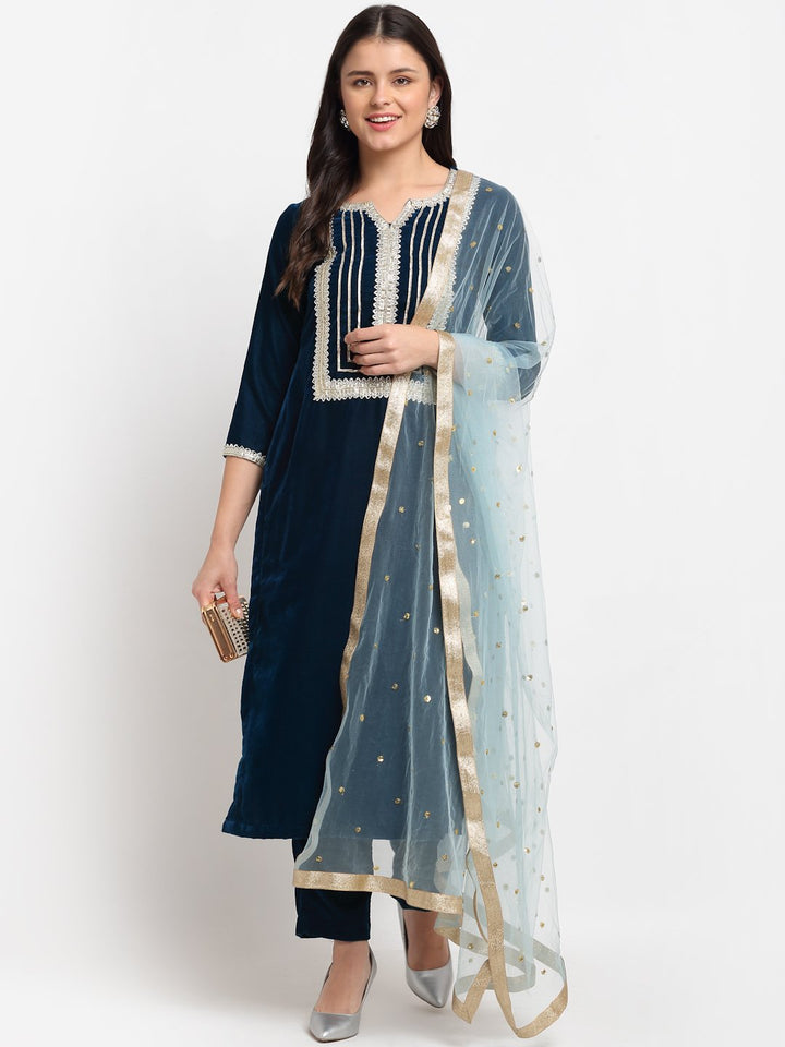 anokherang Combos Turquoise Velvet Daffodil Straight Kurti with Straight Pants and Blush Blue Dupatta