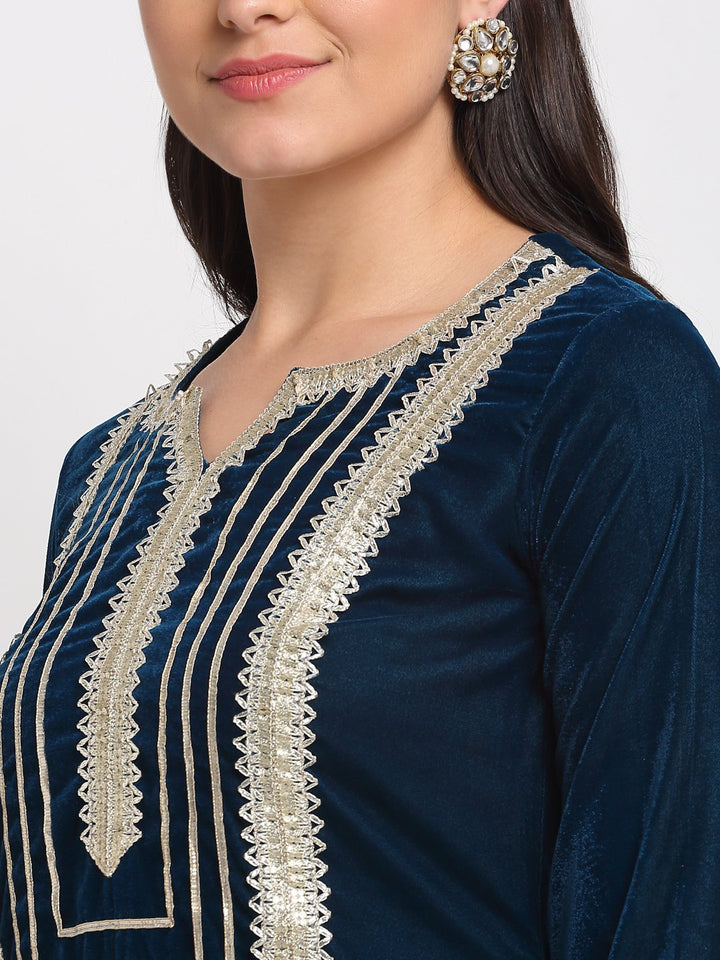 anokherang Combos Turquoise Velvet Daffodil Straight Kurti with Straight Pants and Blush Blue Dupatta