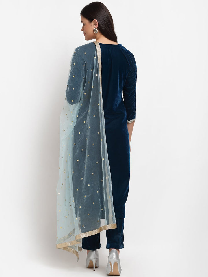 anokherang Combos Turquoise Velvet Daffodil Straight Kurti with Straight Pants and Blush Blue Dupatta