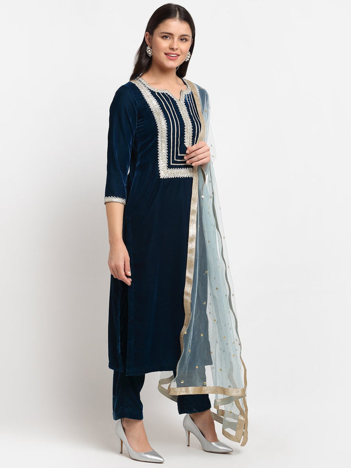 anokherang Combos Turquoise Velvet Daffodil Straight Kurti with Straight Pants and Blush Blue Dupatta