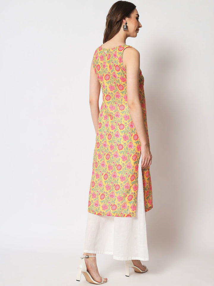 anokherang Combos Tuscan Yellow Cotton Straight Kurti with White Palazzo