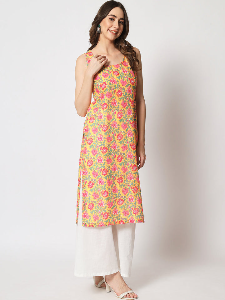 anokherang Combos Tuscan Yellow Cotton Straight Kurti with White Palazzo