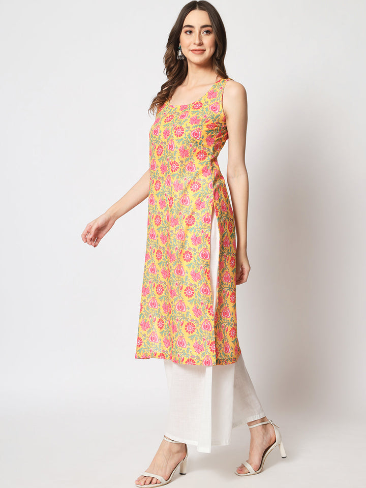 anokherang Combos Tuscan Yellow Cotton Straight Kurti with White Palazzo