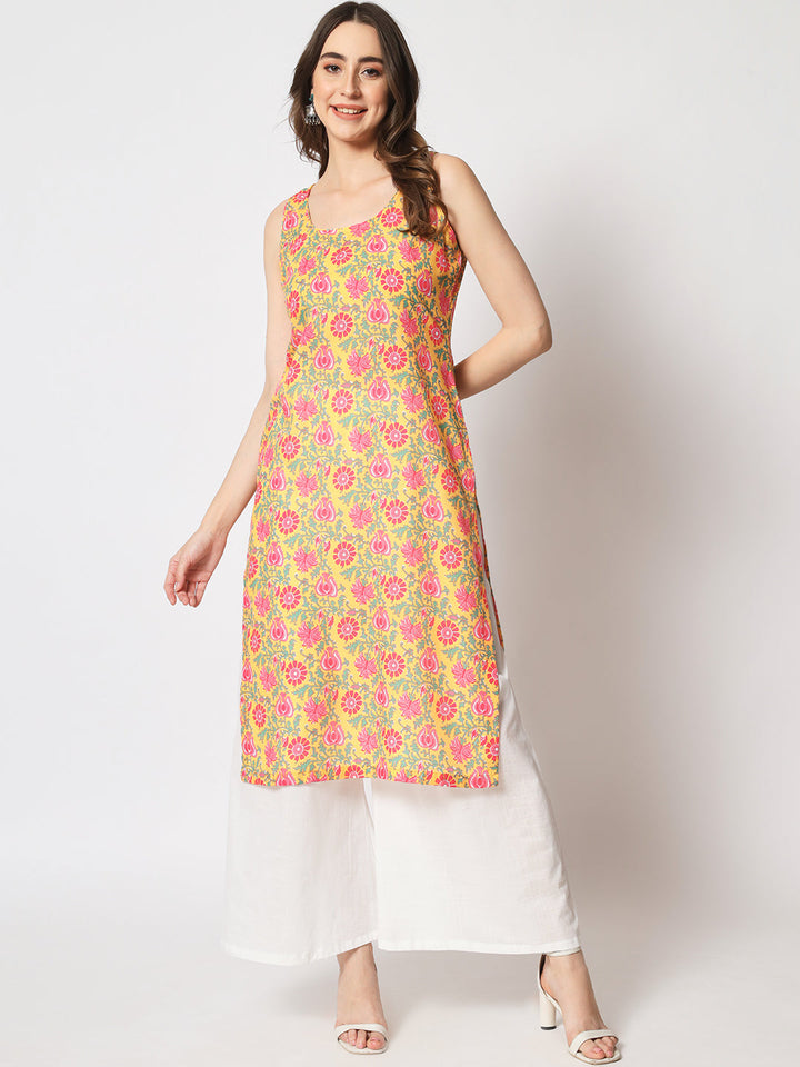 anokherang Combos Tuscan Yellow Cotton Straight Kurti with White Palazzo
