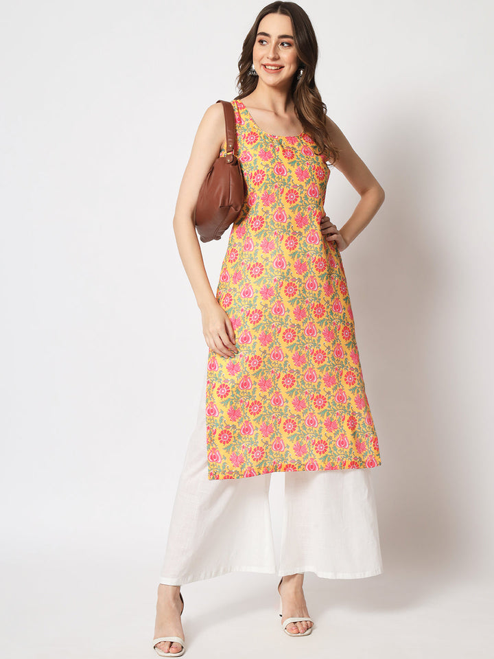 anokherang Combos Tuscan Yellow Cotton Straight Kurti with White Palazzo