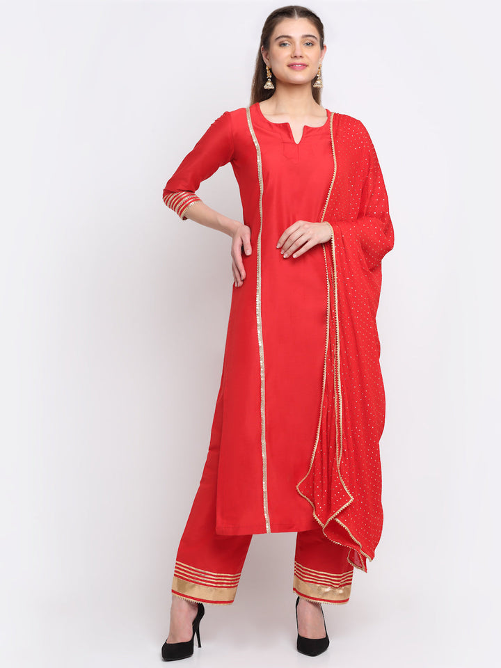 anokherang Combos Tyohaar Red Straight Kurti With Straight Pants And Mukaish Dupatta