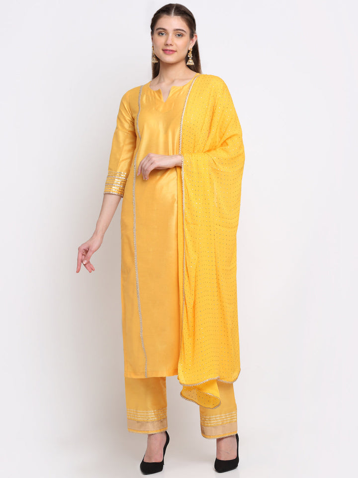 anokherang Combos Tyohaar Yellow Straight Kurti With Straight Pants And Mukaish Dupatta