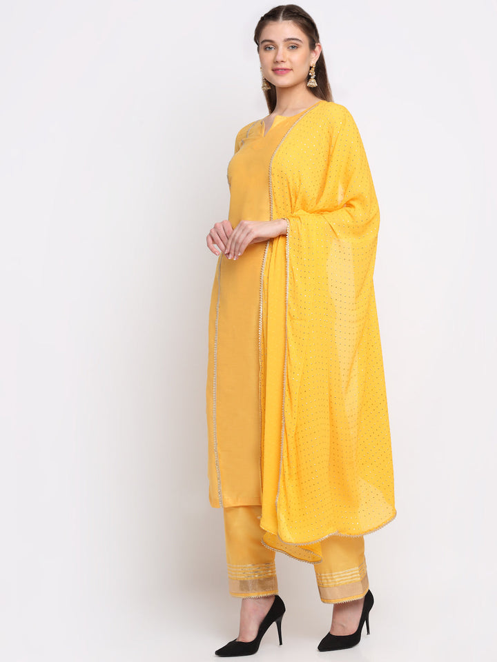 anokherang Combos Tyohaar Yellow Straight Kurti With Straight Pants And Mukaish Dupatta