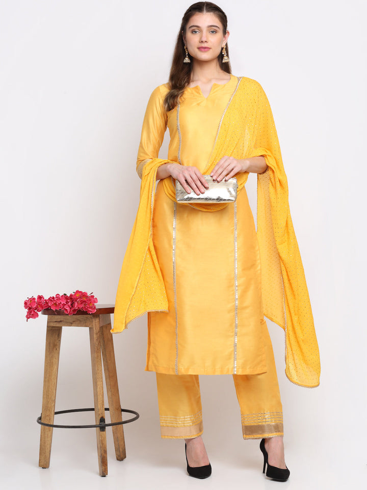 anokherang Combos Tyohaar Yellow Straight Kurti With Straight Pants And Mukaish Dupatta