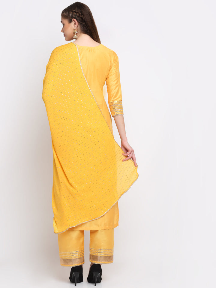 anokherang Combos Tyohaar Yellow Straight Kurti With Straight Pants And Mukaish Dupatta