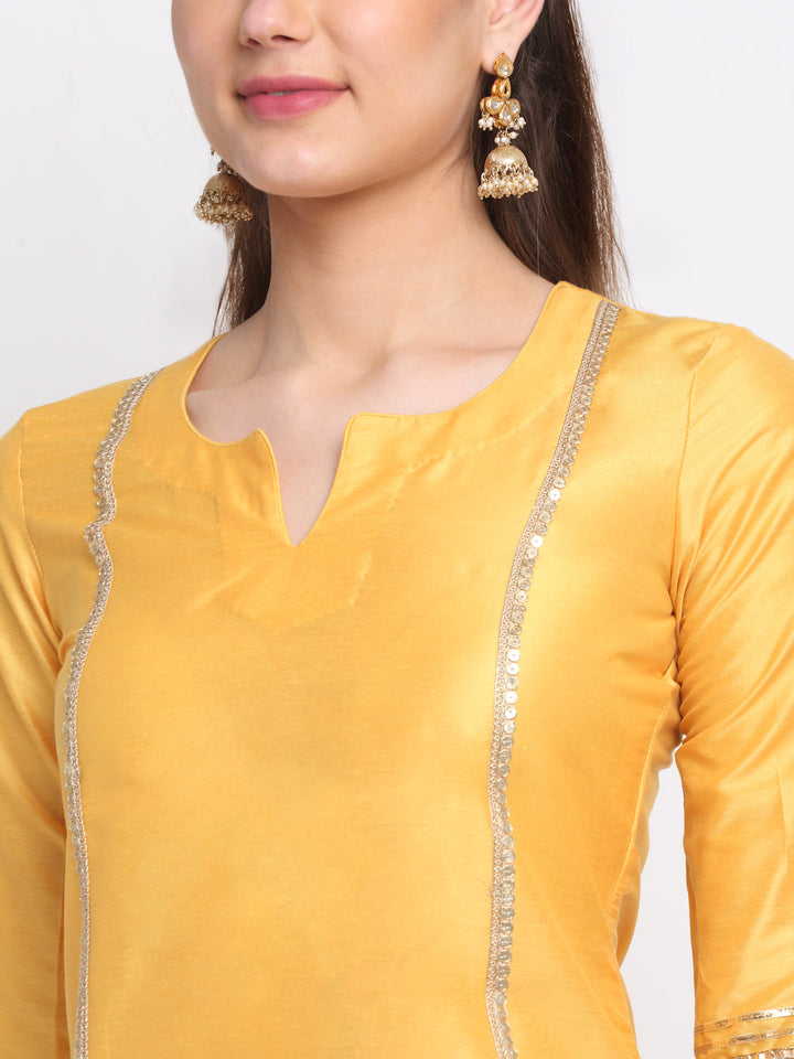 anokherang Combos Tyohaar Yellow Straight Kurti With Straight Pants And Mukaish Dupatta