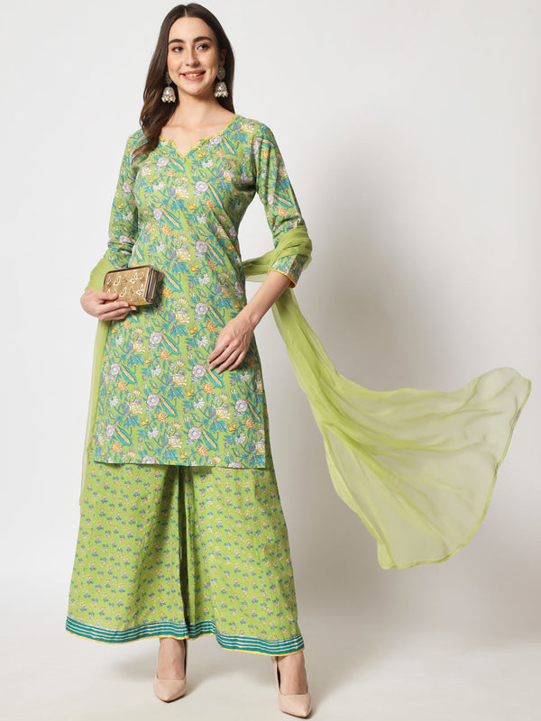 anokherang Combos Vibrant Green Short Kurti With Kalidar Palazzo and Dupatta