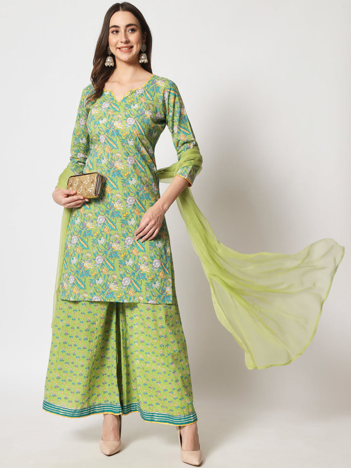 anokherang Combos Vibrant Green Short Kurti With Kalidar Palazzo and Dupatta