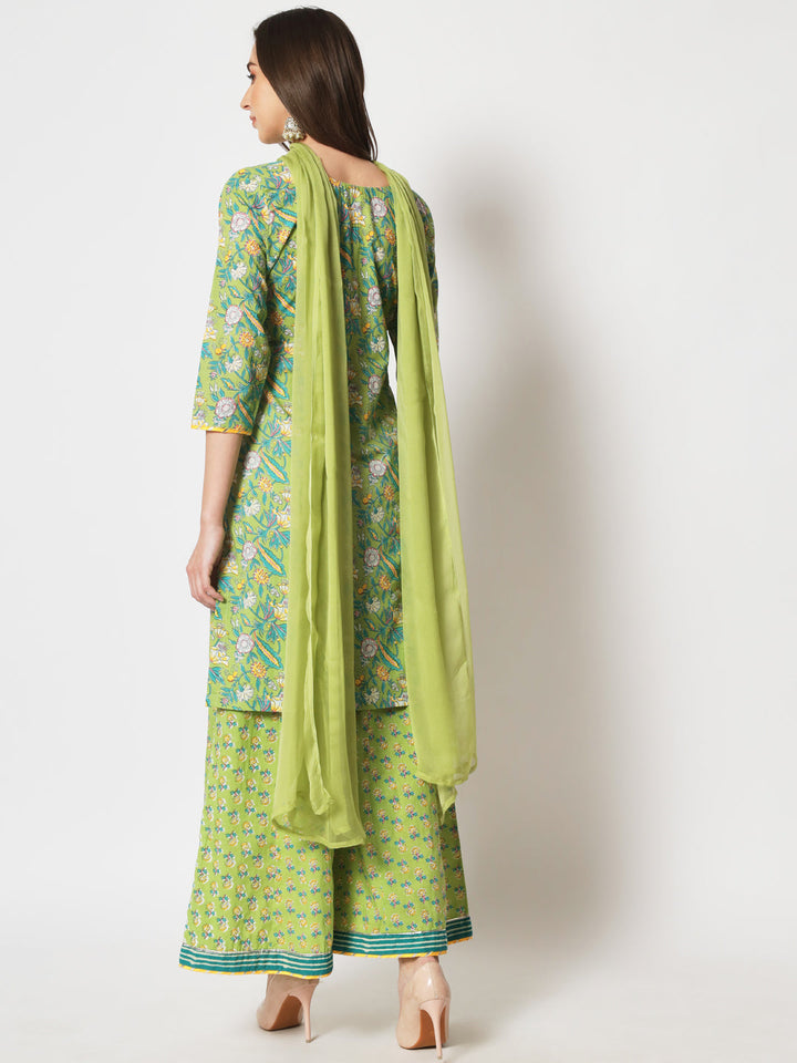 anokherang Combos Vibrant Green Short Kurti With Kalidar Palazzo and Dupatta