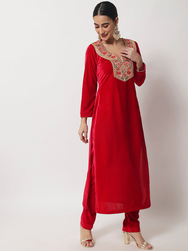 anokherang Combos Vibrant Pink Straight Velvet Kurti With Straight Pants