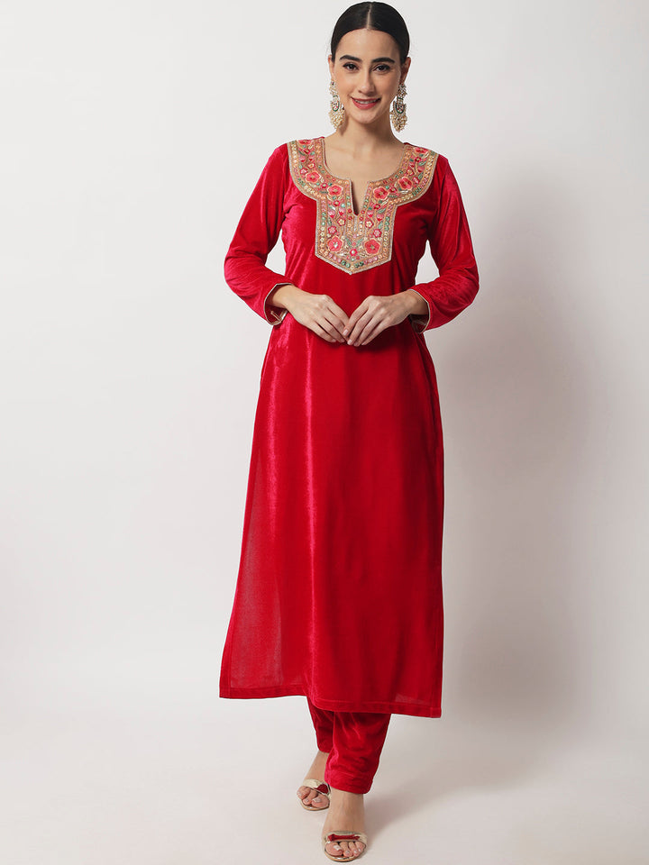 anokherang Combos Vibrant Pink Straight Velvet Kurti With Straight Pants