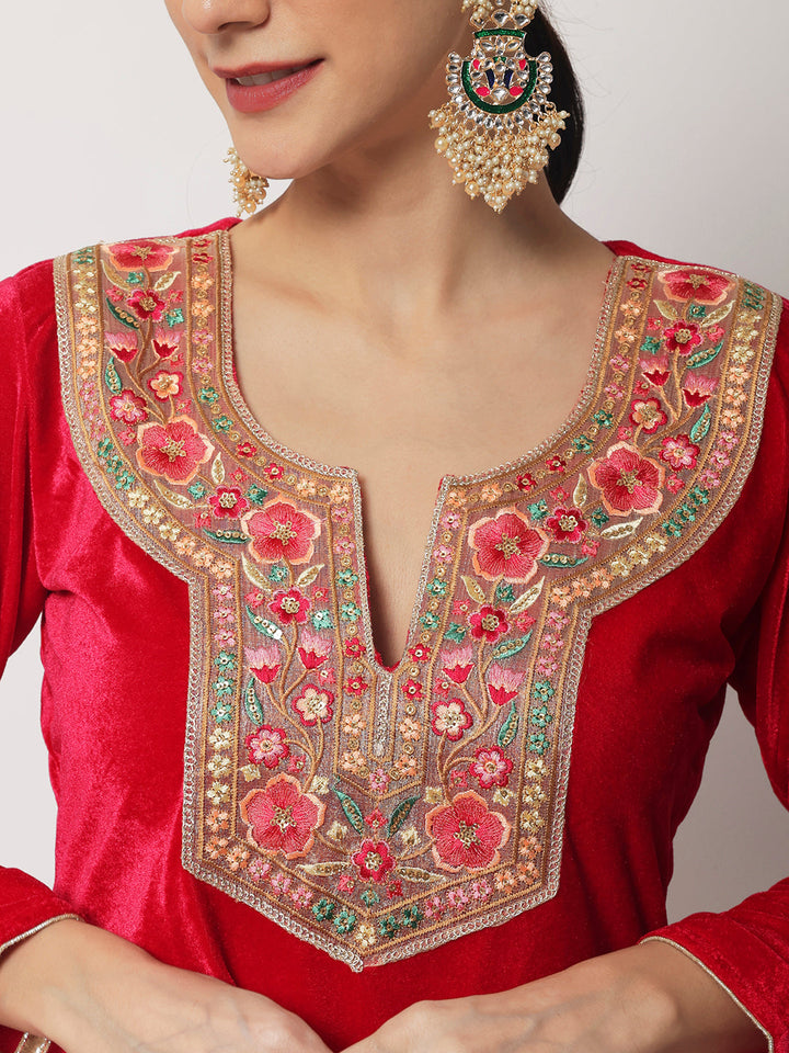 anokherang Combos Vibrant Pink Straight Velvet Kurti With Straight Pants