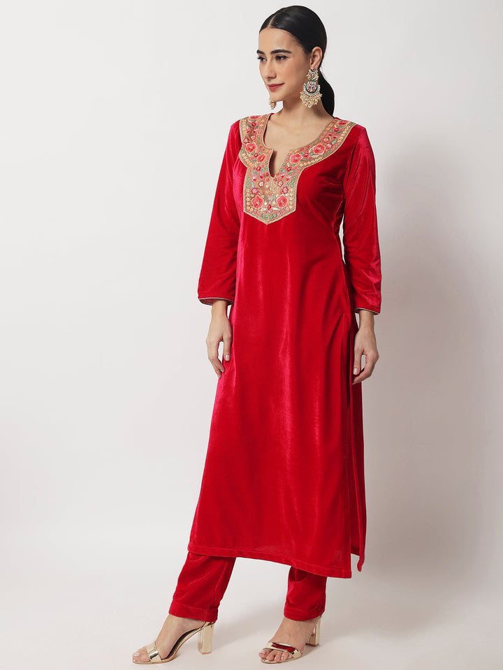 anokherang Combos Vibrant Pink Straight Velvet Kurti With Straight Pants