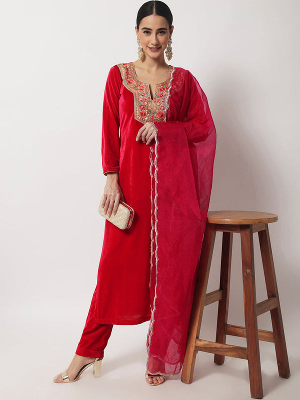 anokherang Combos Vibrant Pink Straight Velvet Kurti With Straight Pants and Scalloped Dupatta