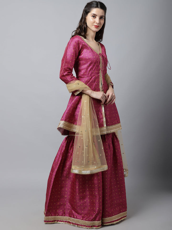 anokherang Combos Vibrant Purple Peplum Kurti With Sharara and Pink Stone Dupatta
