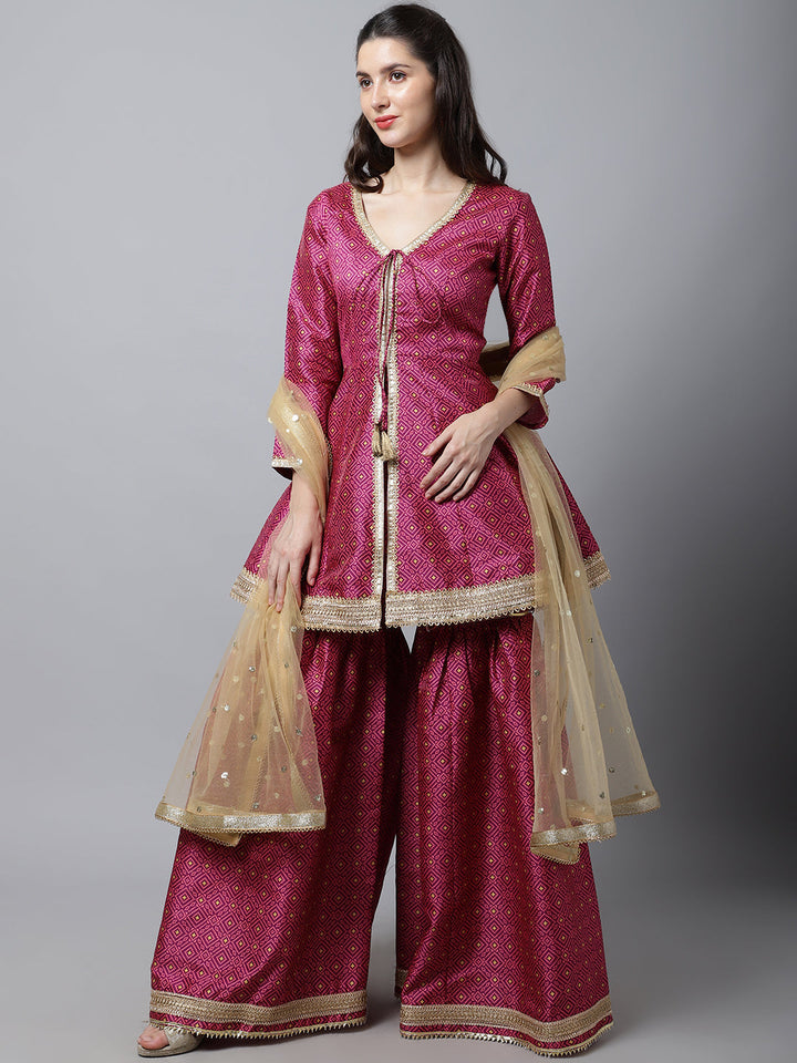 anokherang Combos Vibrant Purple Peplum Kurti With Sharara and Pink Stone Dupatta