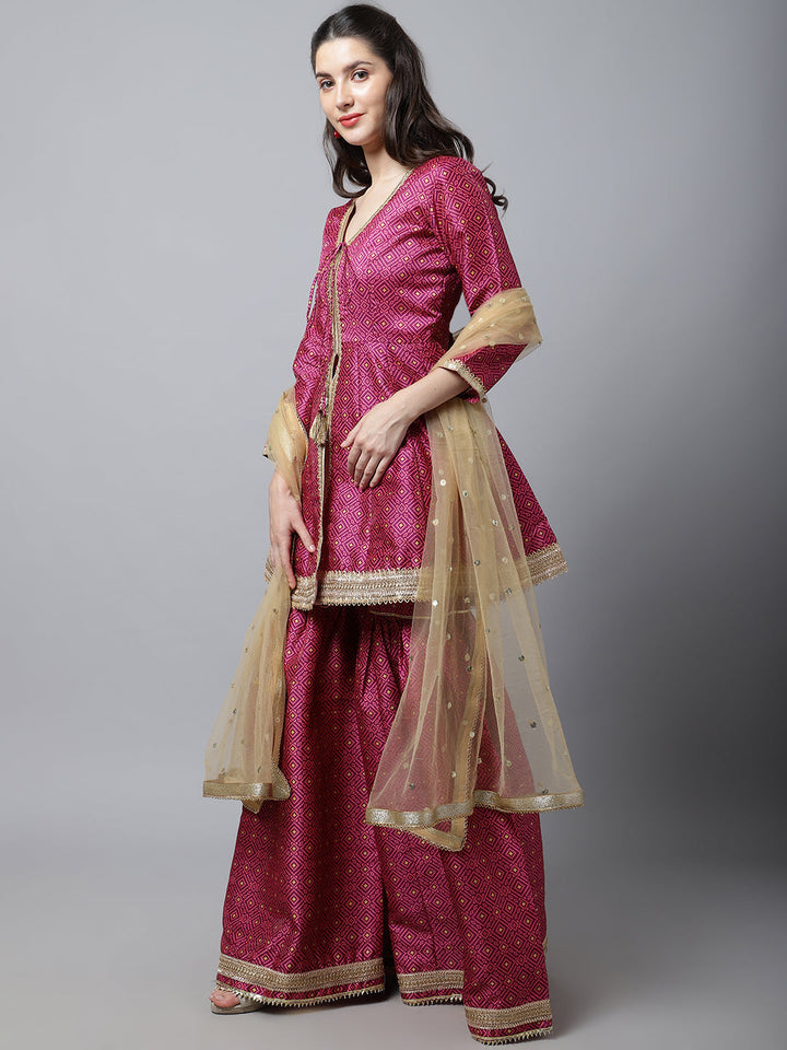 anokherang Combos Vibrant Purple Peplum Kurti With Sharara and Pink Stone Dupatta