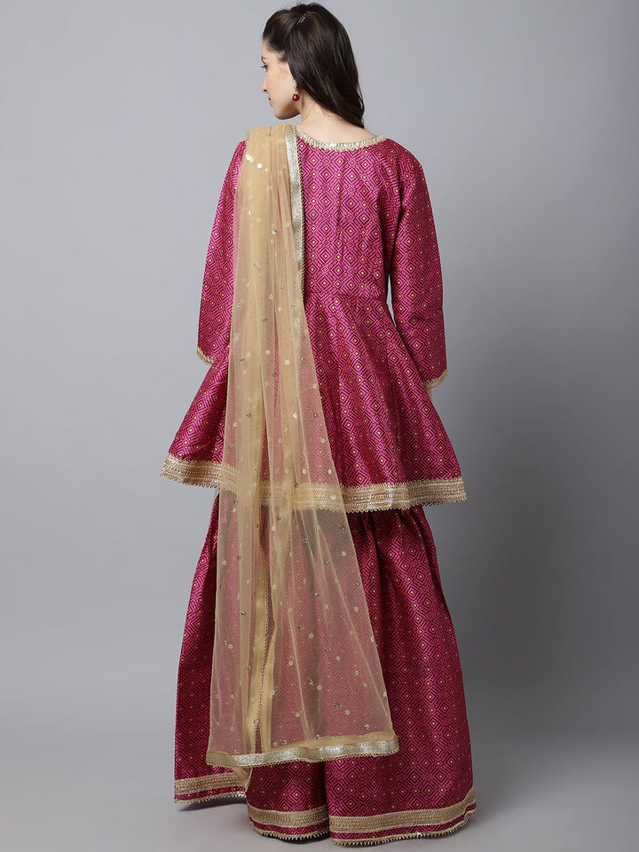 anokherang Combos Vibrant Purple Peplum Kurti With Sharara and Pink Stone Dupatta