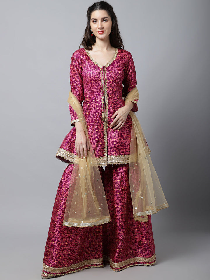 anokherang Combos Vibrant Purple Peplum Kurti With Sharara and Pink Stone Dupatta