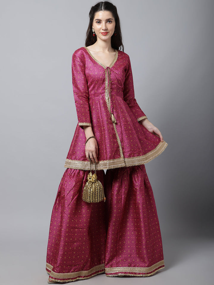 anokherang Combos Vibrant Purple Silk Printed Peplum Kurti With Sharara