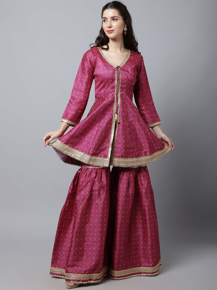 anokherang Combos Vibrant Purple Silk Printed Peplum Kurti With Sharara