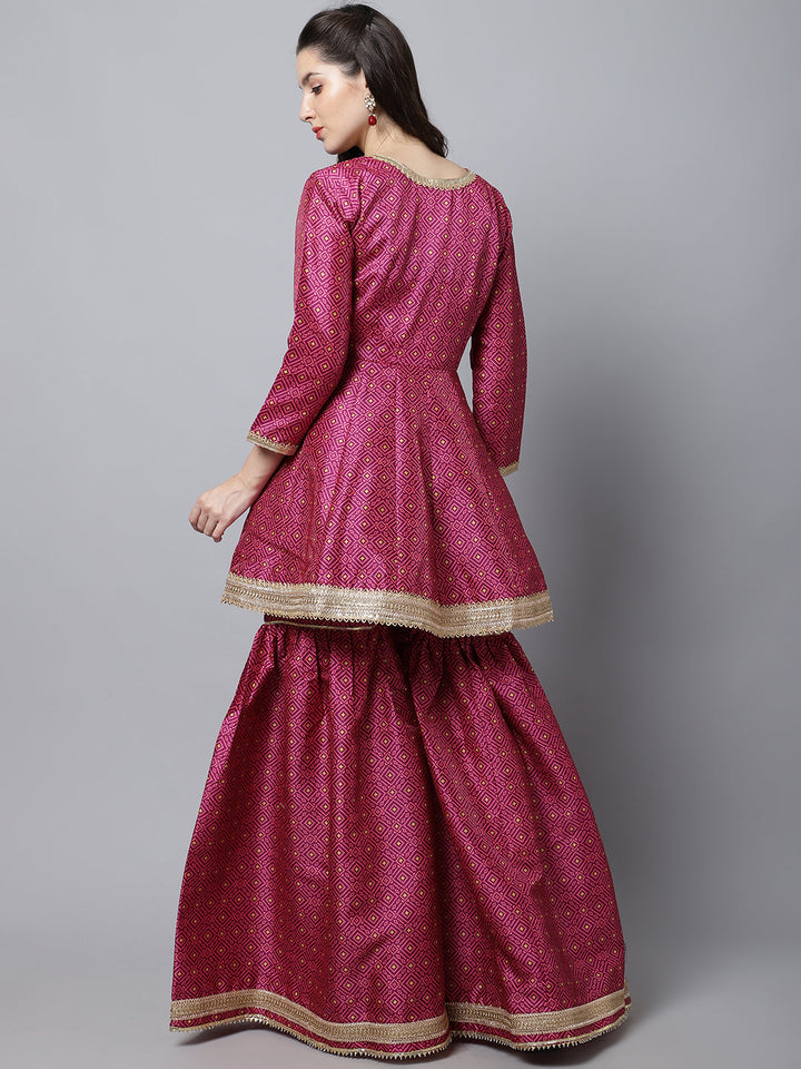 anokherang Combos Vibrant Purple Silk Printed Peplum Kurti With Sharara