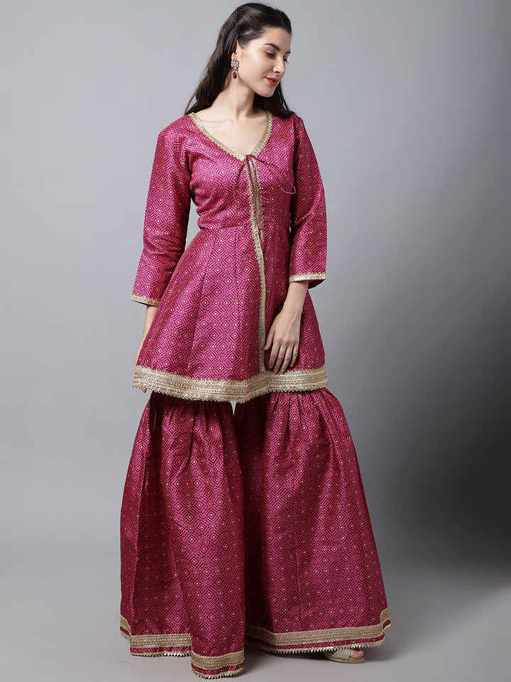 anokherang Combos Vibrant Purple Silk Printed Peplum Kurti With Sharara