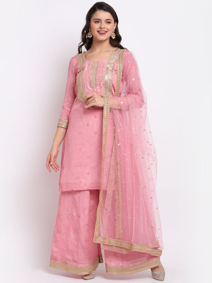 anokherang Combos Vintage Pink Gotta Short Kurti with Kalidaar Palazzo and Sequin Dupatta