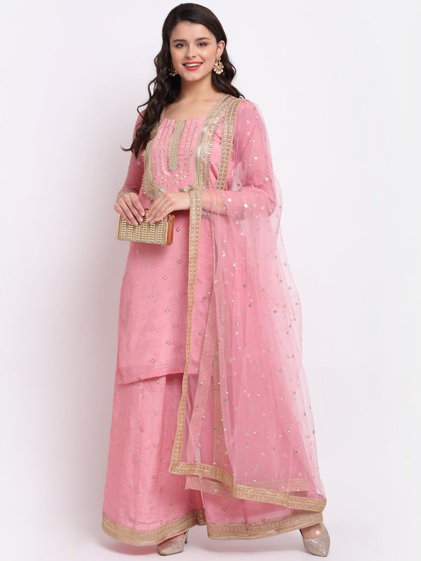 anokherang Combos Vintage Pink Gotta Short Kurti with Kalidaar Palazzo and Sequin Dupatta