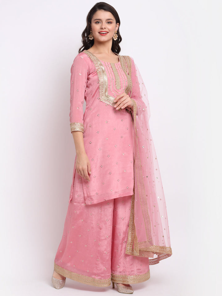 anokherang Combos Vintage Pink Gotta Short Kurti with Kalidaar Palazzo and Sequin Dupatta