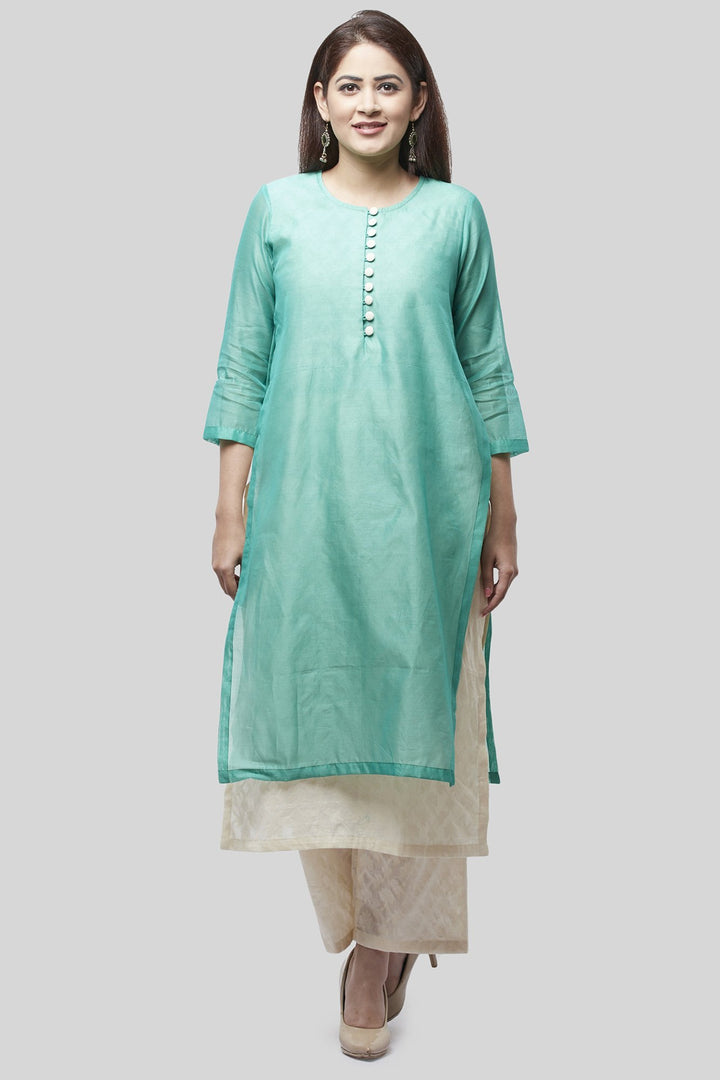 anokherang Combos Water Blue Double Layer Chanderi Kurti with Self Printed Straight Palazzos
