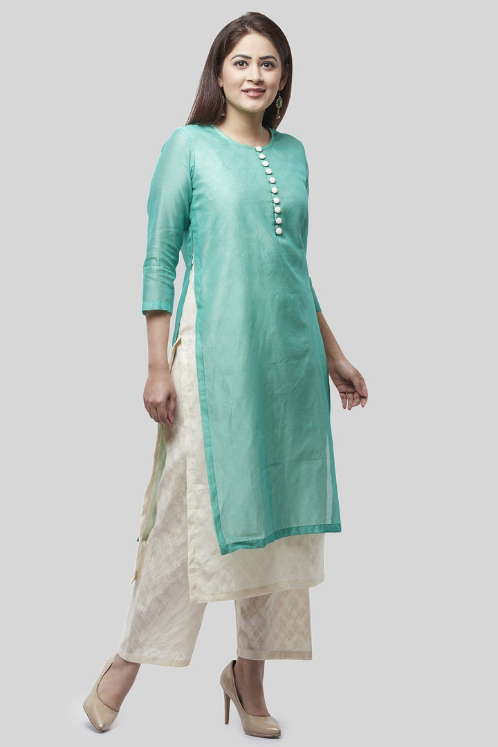 anokherang Combos Water Blue Double Layer Chanderi Kurti with Self Printed Straight Palazzos