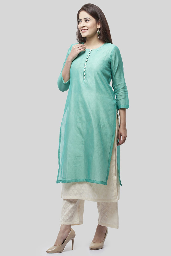 anokherang Combos Water Blue Double Layer Chanderi Kurti with Self Printed Straight Palazzos