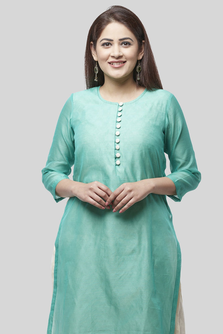 anokherang Combos Water Blue Double Layer Chanderi Kurti with Self Printed Straight Palazzos