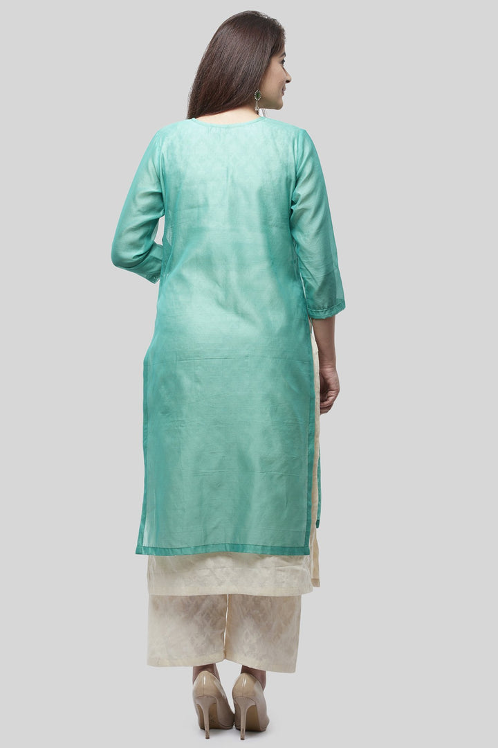 anokherang Combos Water Blue Double Layer Chanderi Kurti with Self Printed Straight Palazzos