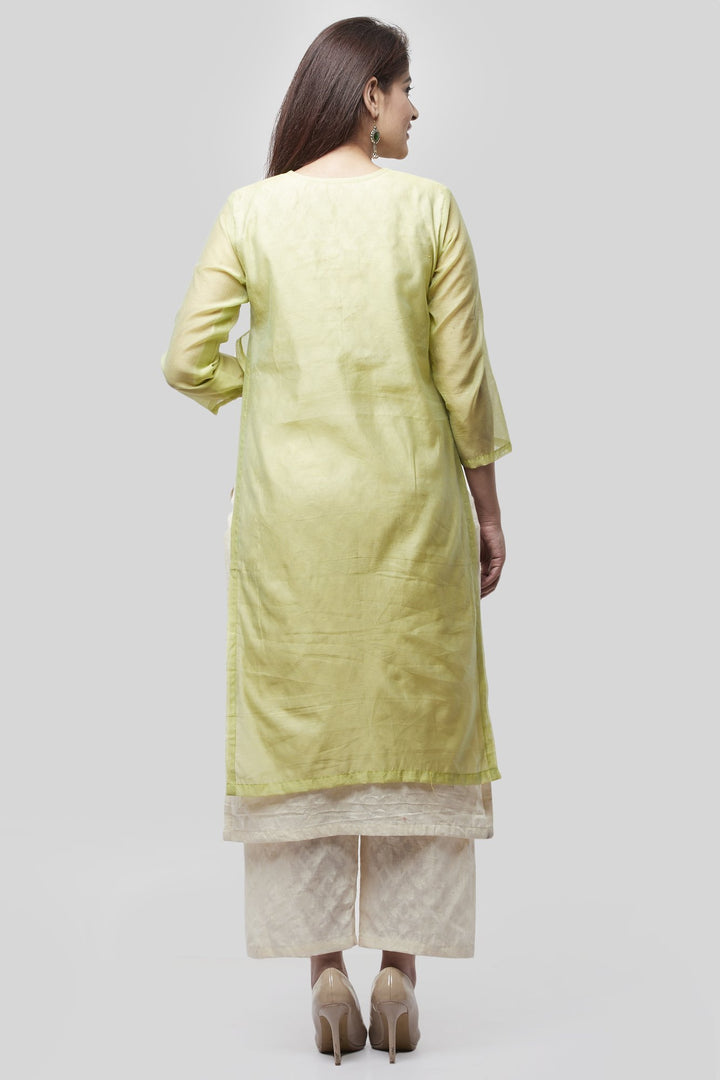 anokherang Combos Water Green Double Layer Chanderi Kurti with Self Print Straight Palazzo