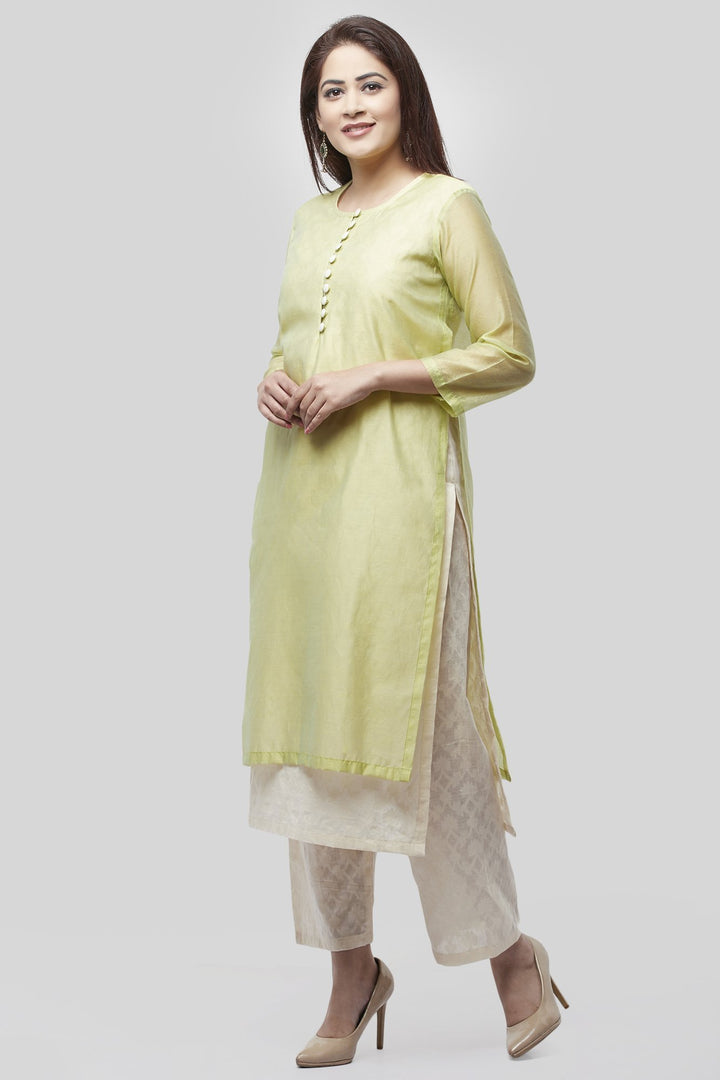 anokherang Combos Water Green Double Layer Chanderi Kurti with Self Print Straight Palazzo