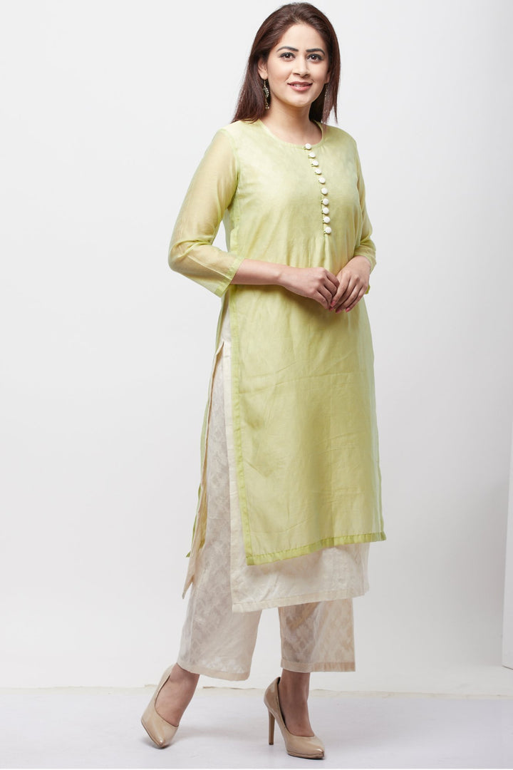 anokherang Combos Water Green Double Layer Chanderi Kurti with Self Print Straight Palazzo