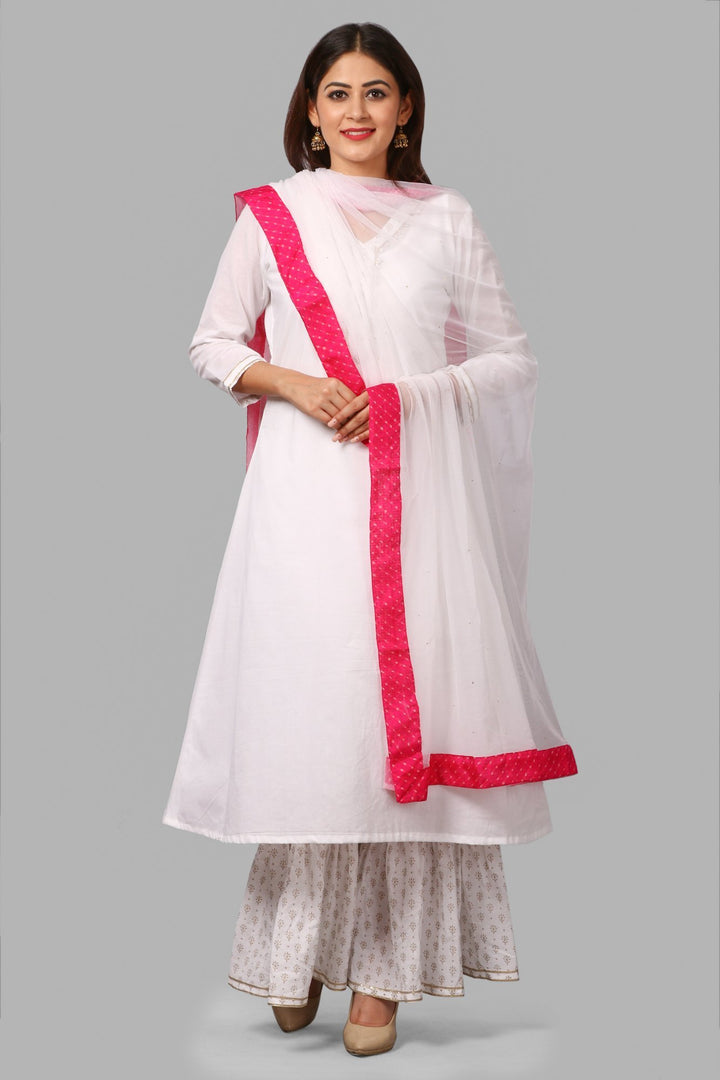 anokherang Combos White Gold Khadhi Kurti and Ruffled Khadhi Palazzos with Net Mokaish Dupatta